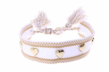 10009043 LIZAS TEKSTIL ARMBÅND - HVIT/BRUN MED HJERTER I GULLFARGE - BREDDE: 20 MM