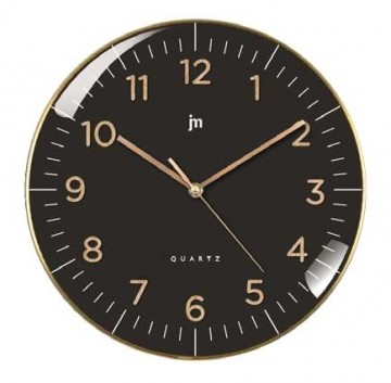 JM-00972N JM - VEGGUR SORT / GULL MED BUET GLASS OG ALLE TALL - SWEEP HANDS - LYDLØST - DIAMETER: 30 CM